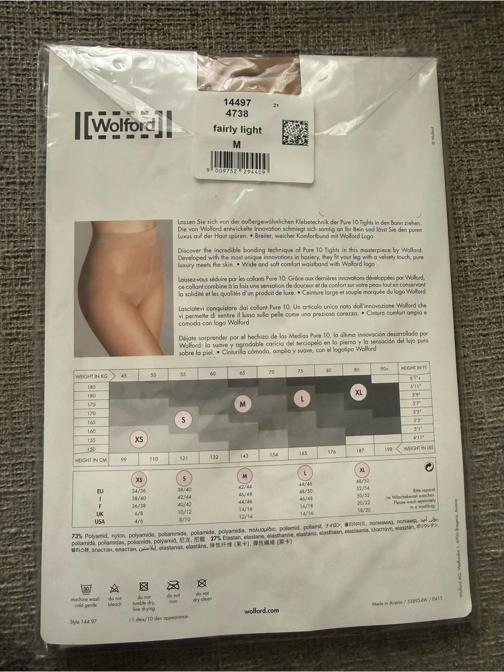 NEW Wolford Pure 10 Sheer Tights Pantyhose Fairly Light Size Medium - Austria